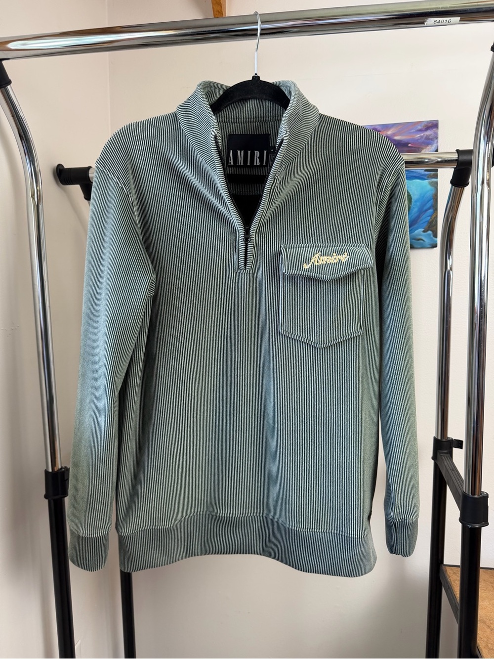 AMIRI Sage Green Ribbed Quarter-Zip Sweater with Chest Pocket